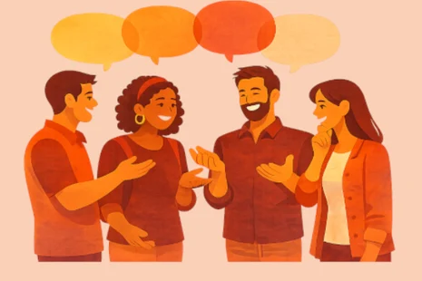 Menschen stehen zusammen. Über ihnen sind Sprechblasen.