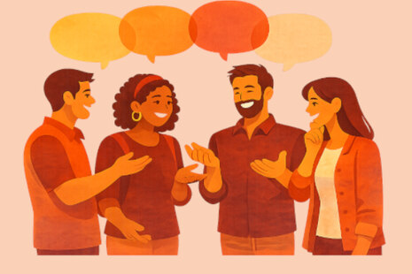 Menschen stehen zusammen. Über ihnen sind Sprechblasen.